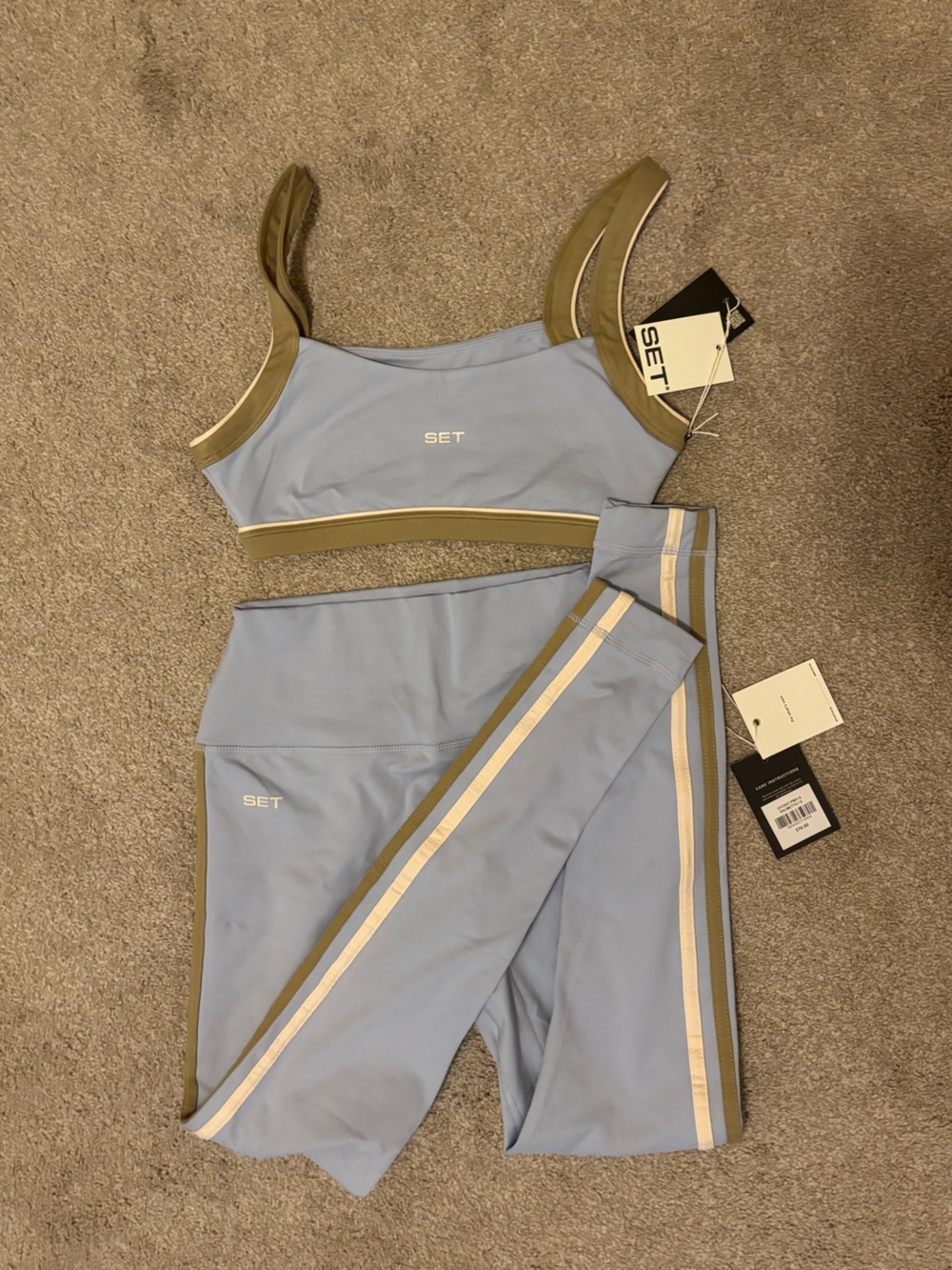 SET Active Light Blue Sports Bra & Legging Set with Olive Trim COASTLINE